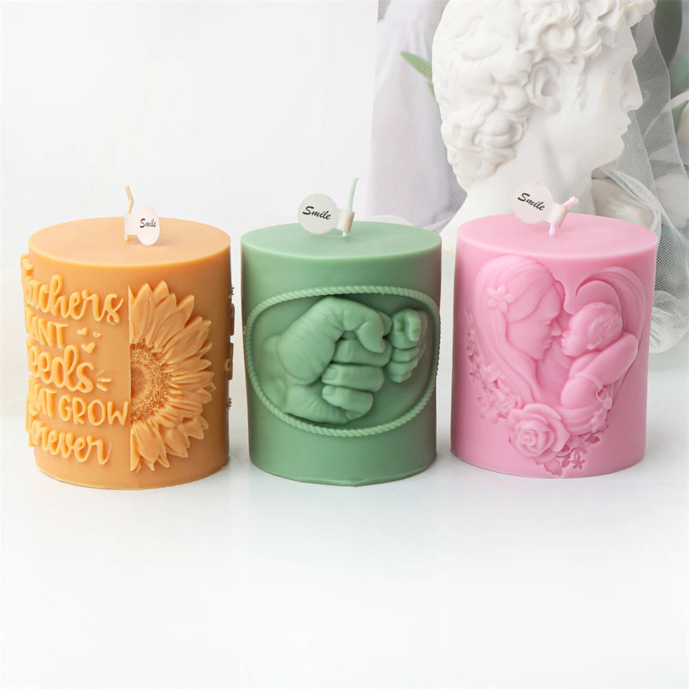 Thanksgiving Best Dad Mam with Baby Letter Cylinder Pillar Candle Mould DIY Sunflower Candle Mother's Day Decor Silicone Mold