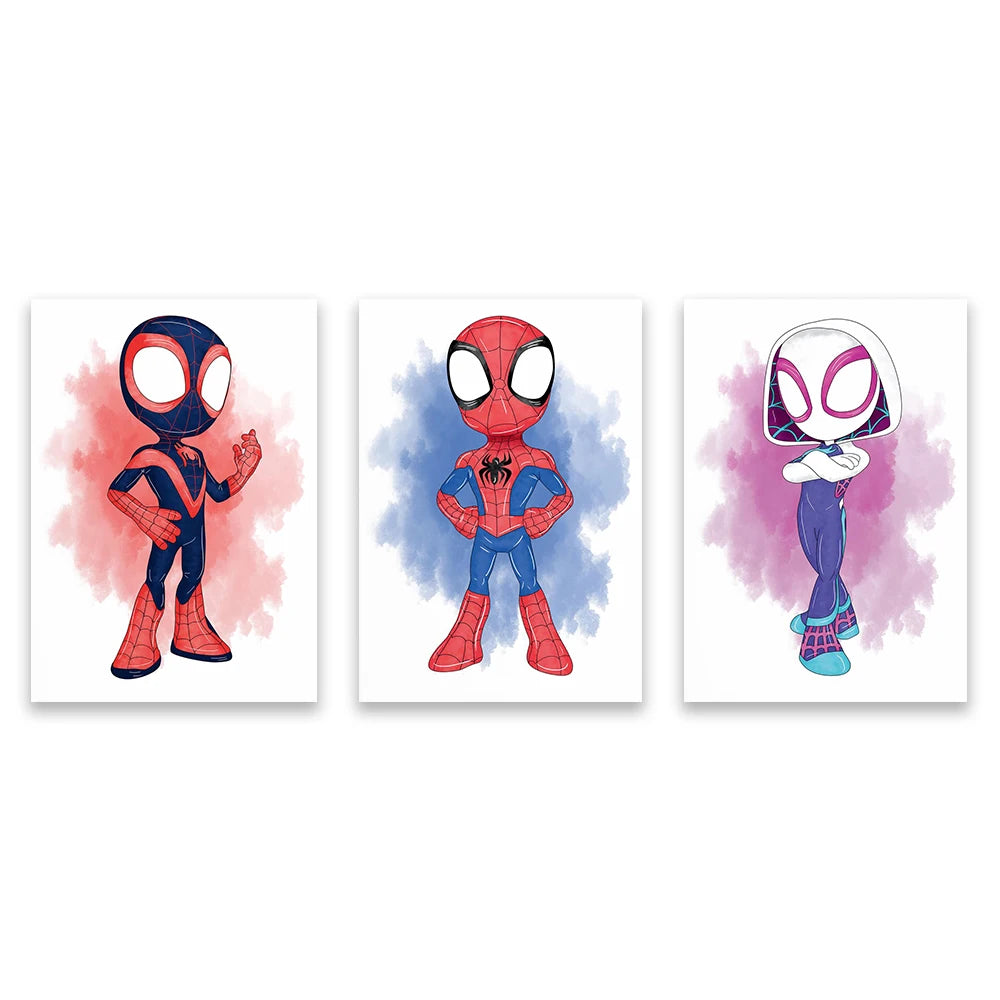 3 PCS Colorful Spidey & Friends Wall Art Poster Watercolor Splatter Art Print Boys Playroom Decor Superhero Nursery Art Canvas