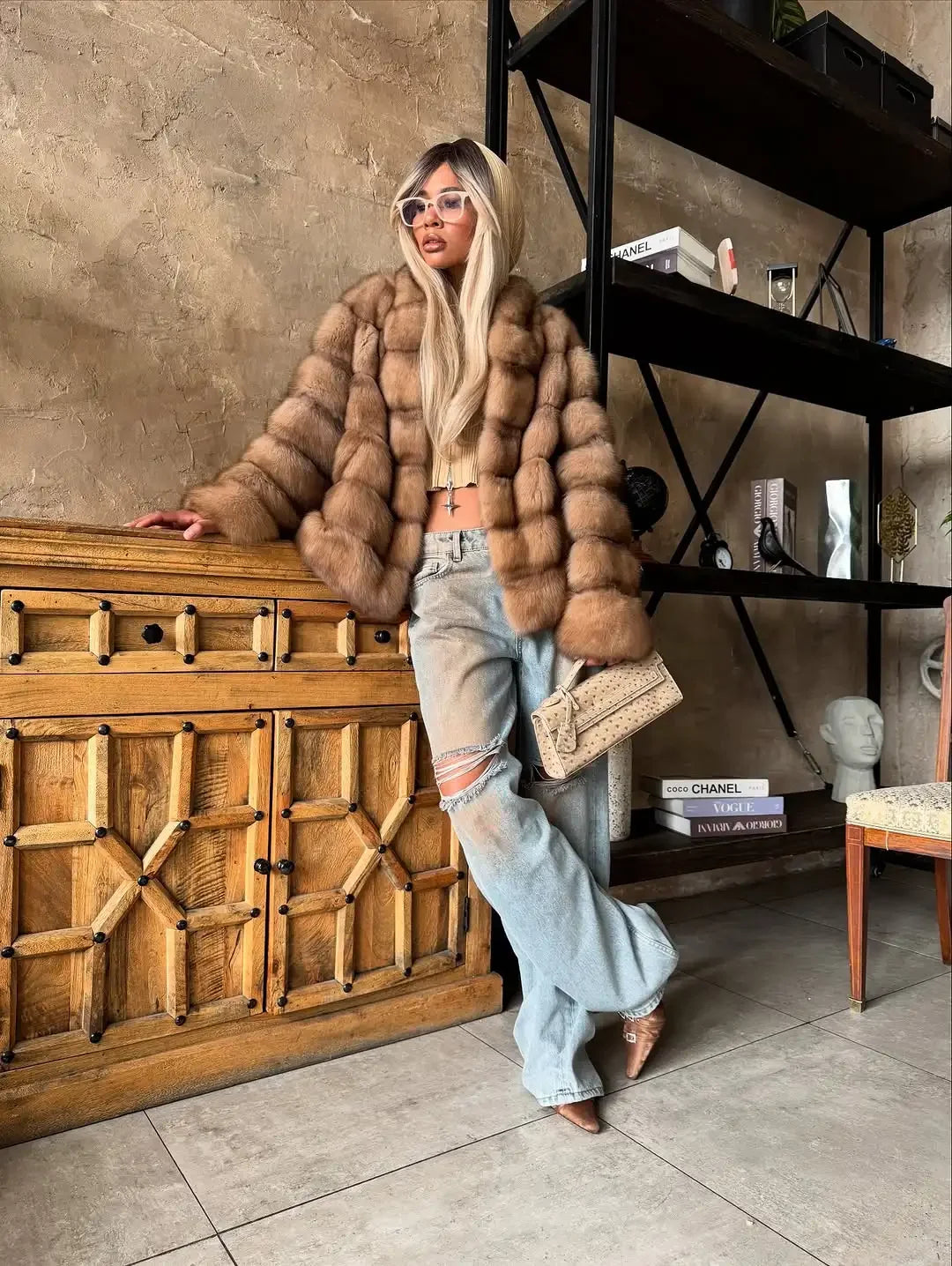 Fashion Patchwork Faux Fur Coat Women Casual Full Sleeve Lapel Loose Long Staple Plush Jacket 2025 New Winter Street Wear New