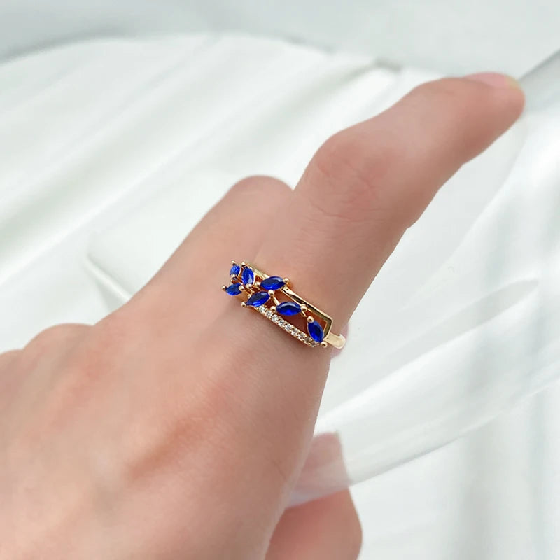 Kinel New Blue Natural Zircon Ring for Women Trendy 585 Rose Gold Leaf Ring Romantic Vintage Wedding Jewelry Fashion 2022