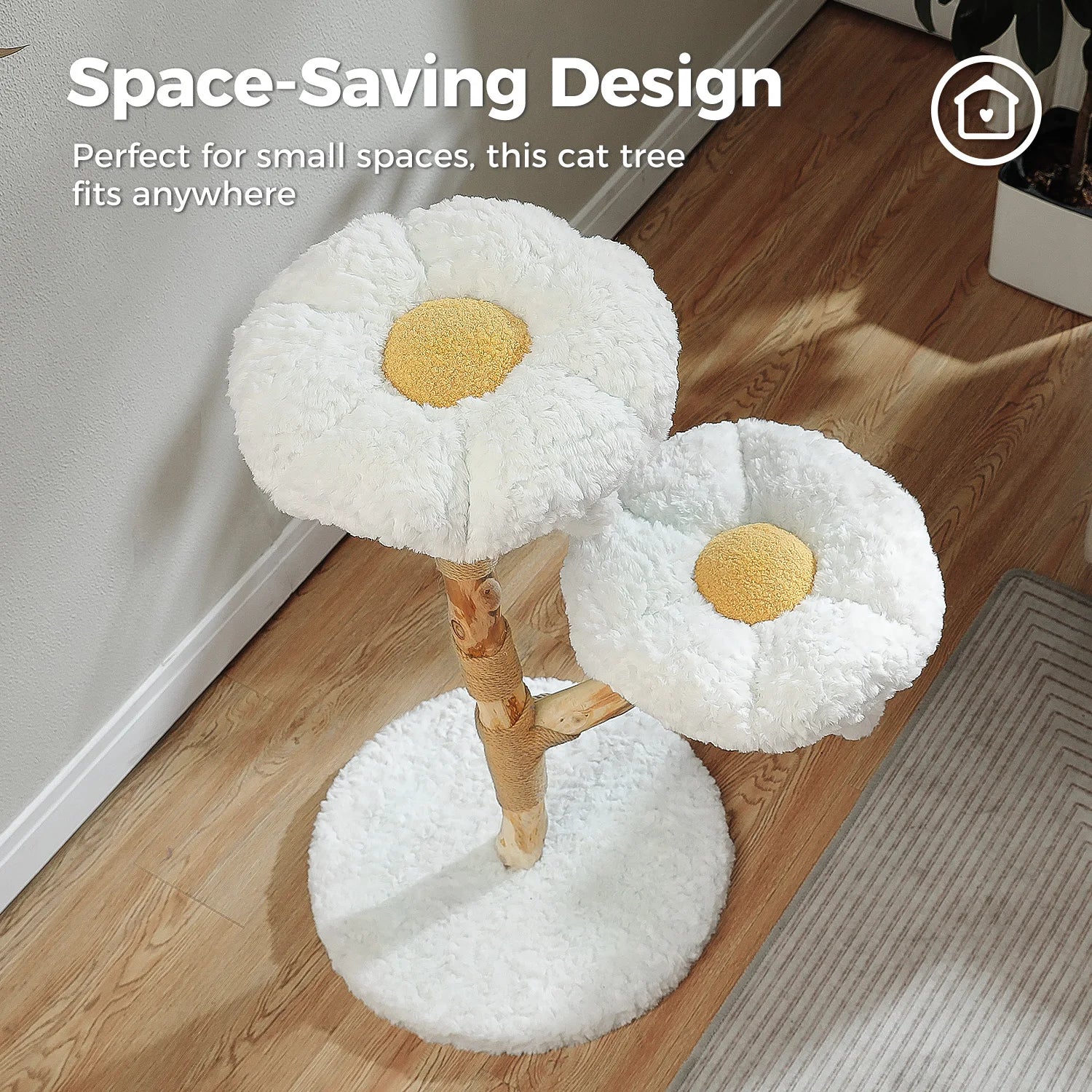 Modern Cat Tree Tower with Natural Solid Wood Scratching Posts Spacious Wicker Basket Luxury Cat Condo Bed for Indoor Cat Toys