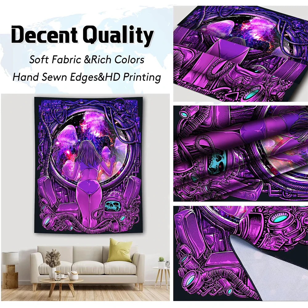 لوحة قماشية لفتاة أرجوانية تنظر إلى قنديل البحر مع جماجم، نسيج مجرة ​​تفاعلي مع الأشعة فوق البنفسجية، مثالي للتعليق على الحائط في ديكور غرفة النوم