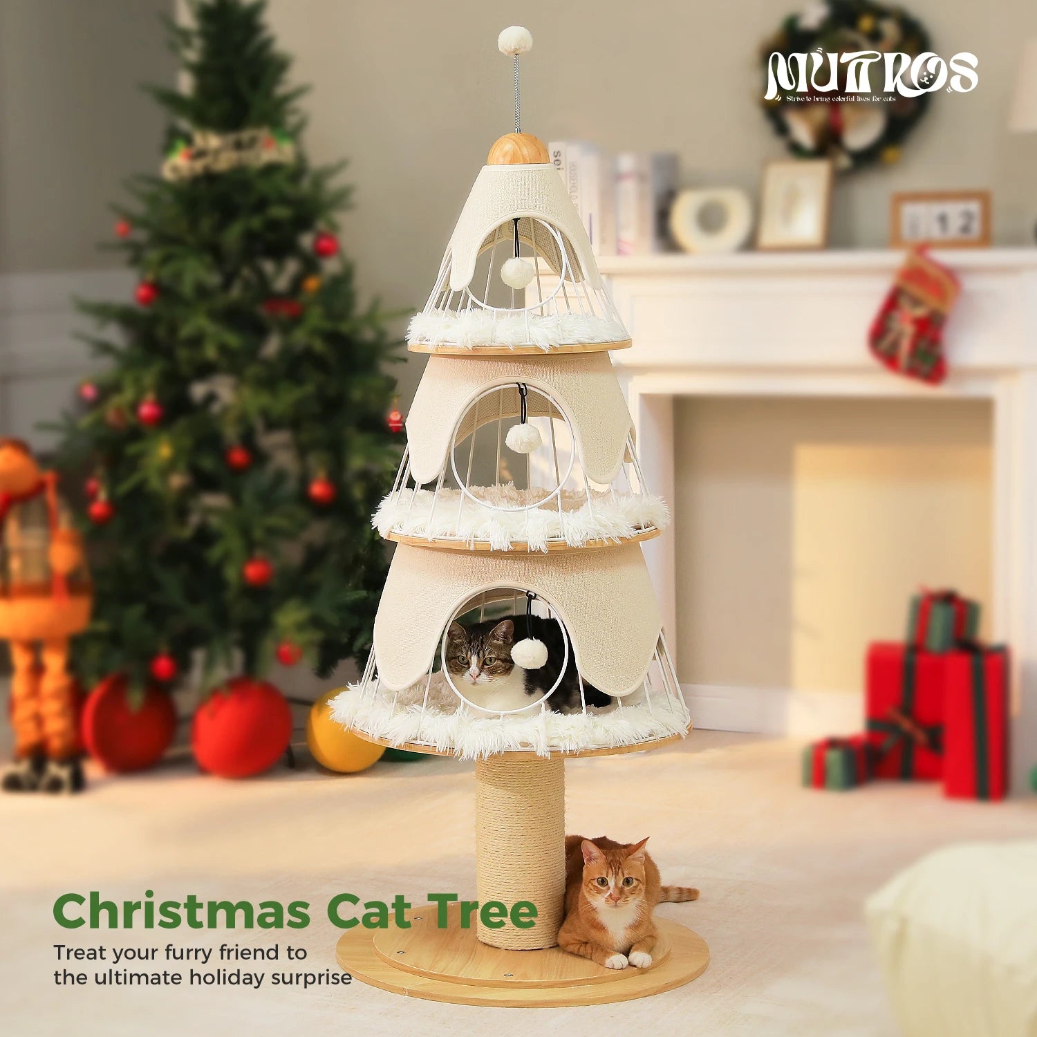 Christmas Cat Tree Tower with 3 Cozy Condos &amp; Pompoms Multi-Level Cat House Bed for Indoor Cats Modern Cat Furniture Cat Toys