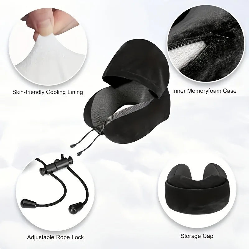 Memory Foam Hooded U-Shaped Travel Pillow with Detachable Cover Portable Neck Support for Airplane Office Nap Car and Home Use