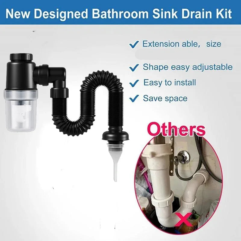 Flexible P-Trap for 30-32mm Drain Pipes Kitchen Sink Washbasin Drainage Pipe Insect-proof Odor-proof Blockage-proof Leak-proof