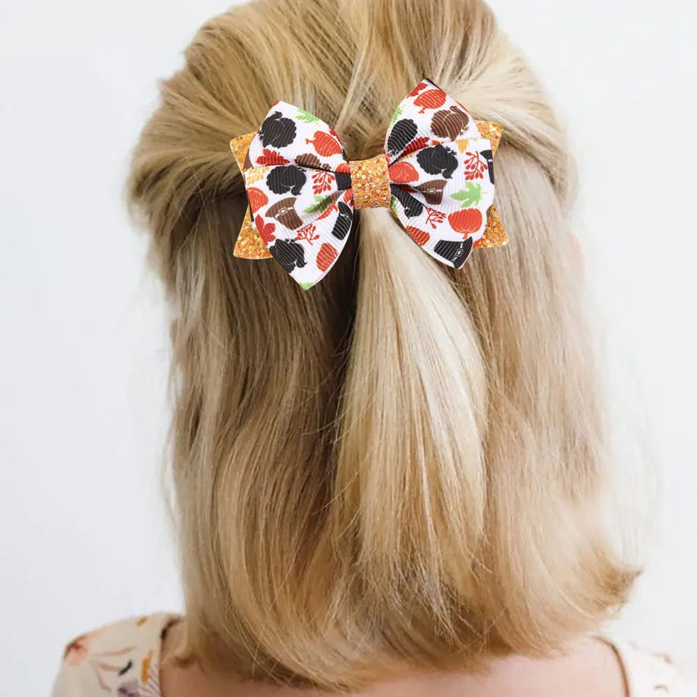1/2PCS Thanksgiving Maple leaf Hair Clips Girls Grosgrain Ribbon Pumpkin Print Hairpins Headdress Kids Hair Accessories