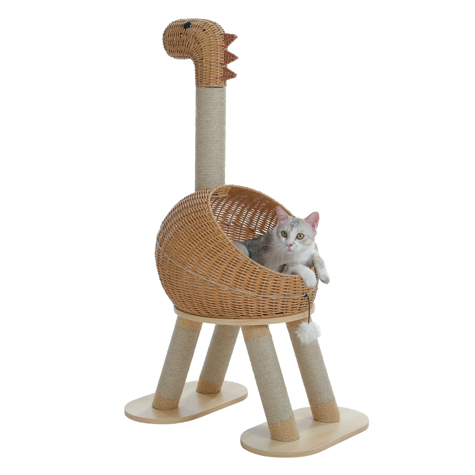 Dinosaur Cat Tree Tower with Sisal Scratching Post Large Rattan Cat Condo for Indoor Wicker Cat Bed with Removable Mat Cat Toys