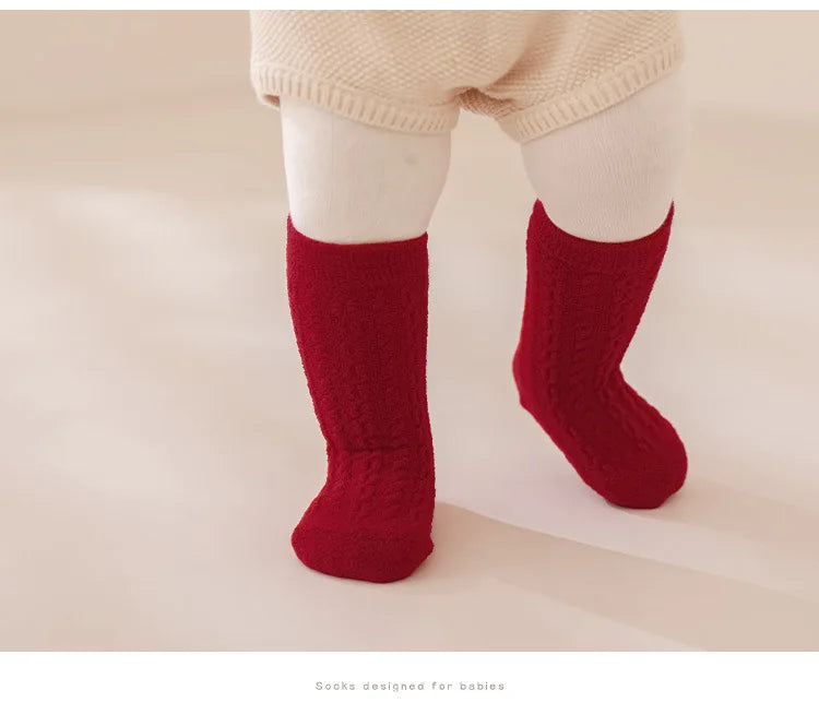 Red New Year Socks Newborn Baby Kids Soft Solid Thickened Velvet Toddler Mid Socks Girls Infant Boys Cute Boneless Socks 0-12Y