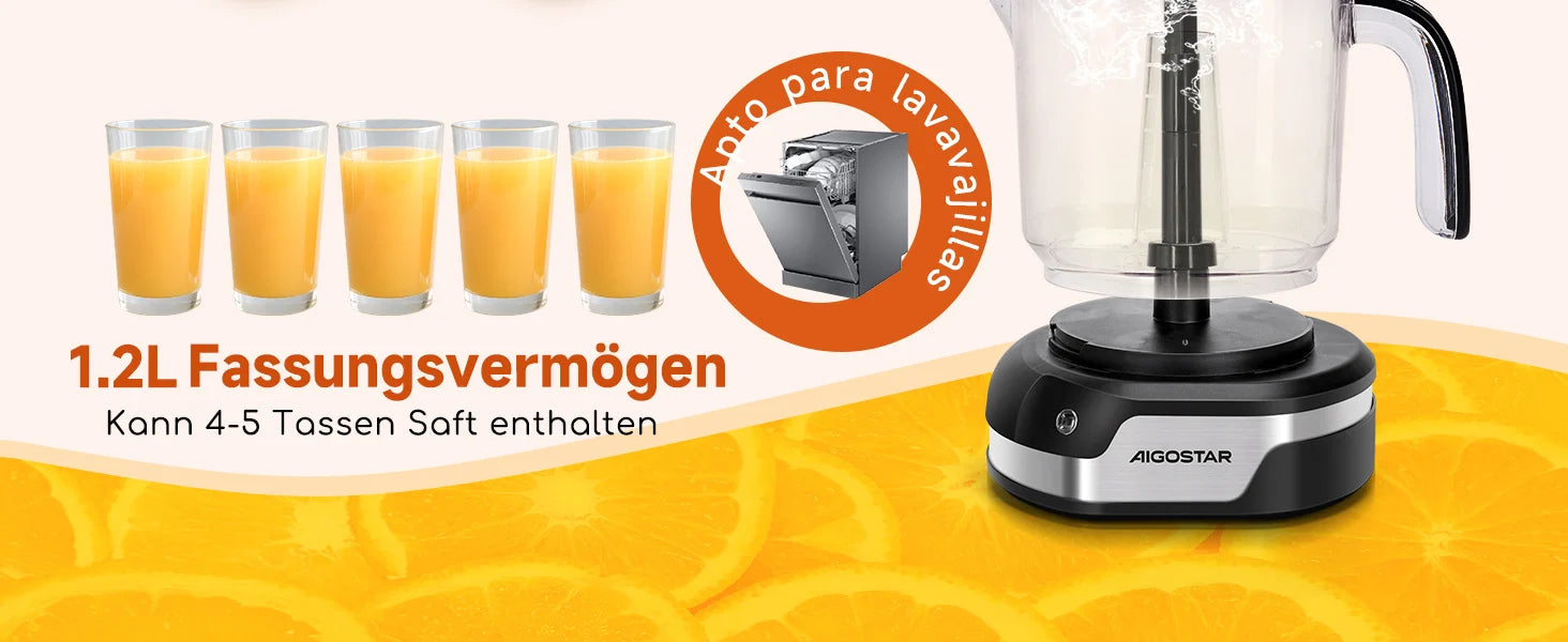 Aigostar Electric Citrus Juicer, 1.2L Large Capacity Juicer with LED Work Light and 2 Removable Cones, Lemon Squeezer for Orange