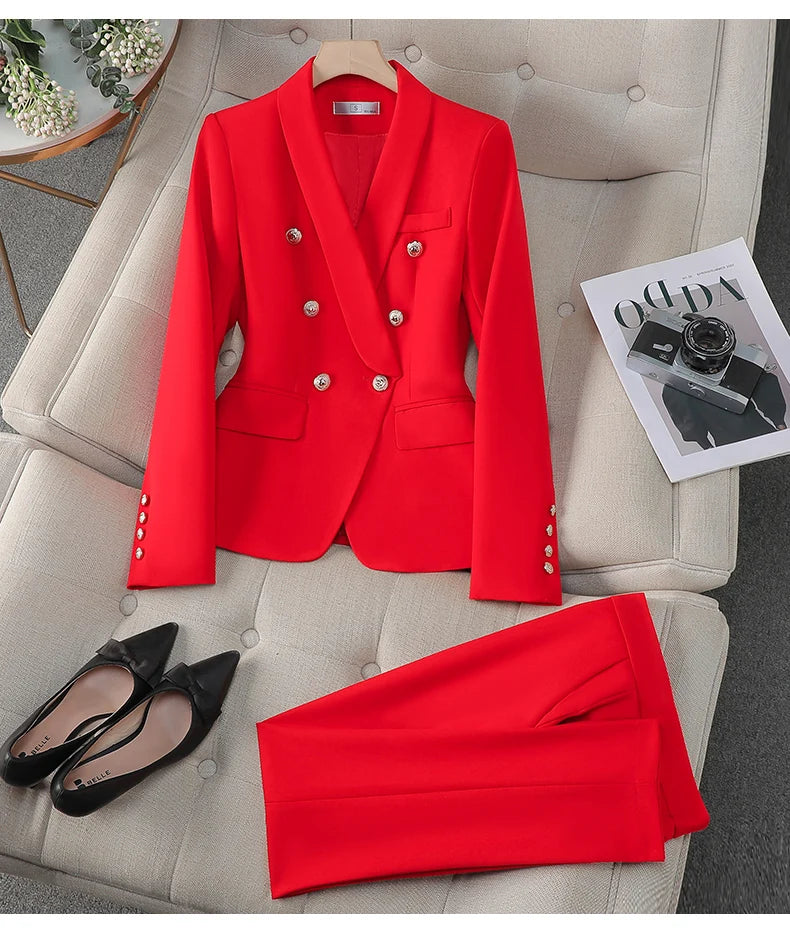 NAVIU Female Uniform Business Suits With Pants Elegant Office Blazer Set For Women Work Wear Pants Suit Claret Red Green Black