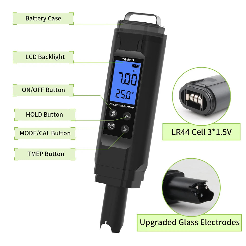 5 in 1 Digital Water Quality Tester Pen Salinity/PH/Temp/EC/TDS Meter for Drinking Water/Aquariums/Hydroponics/Pools