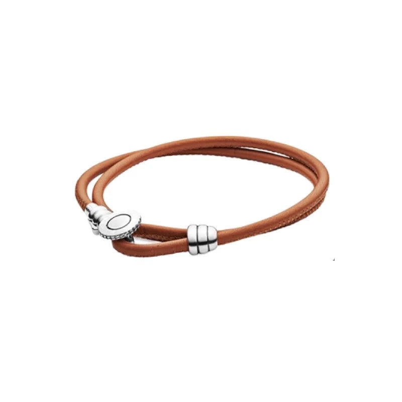 Original 925% sterling silver fashionable leather heart-shaped circular buckle charm bracelet for women DIY jewelry special gift