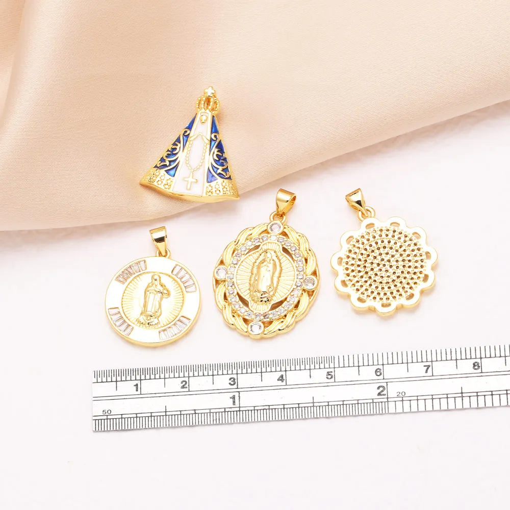 OCESRIO Blue Enamel Virgin Mary Pendant for Necklace Copper Gold Plated Crystal Round Handmade Jewelry Making Supplies pdta050