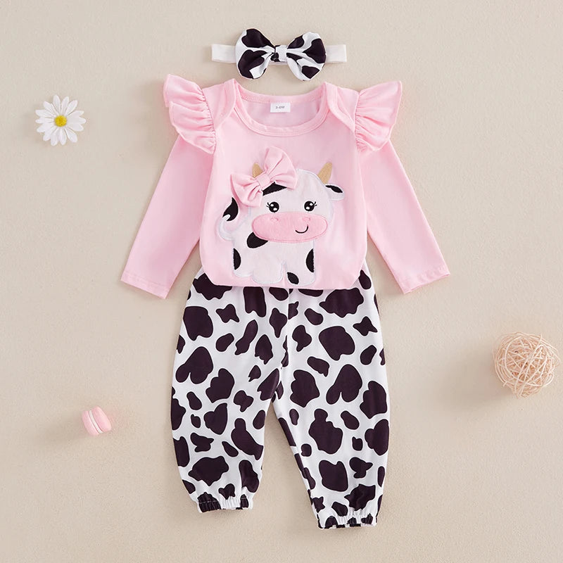 Baby Girl Fall Outfits Cow Embroidery Long Sleeve Romper Long Pants Headband 3Pcs Clothes Set