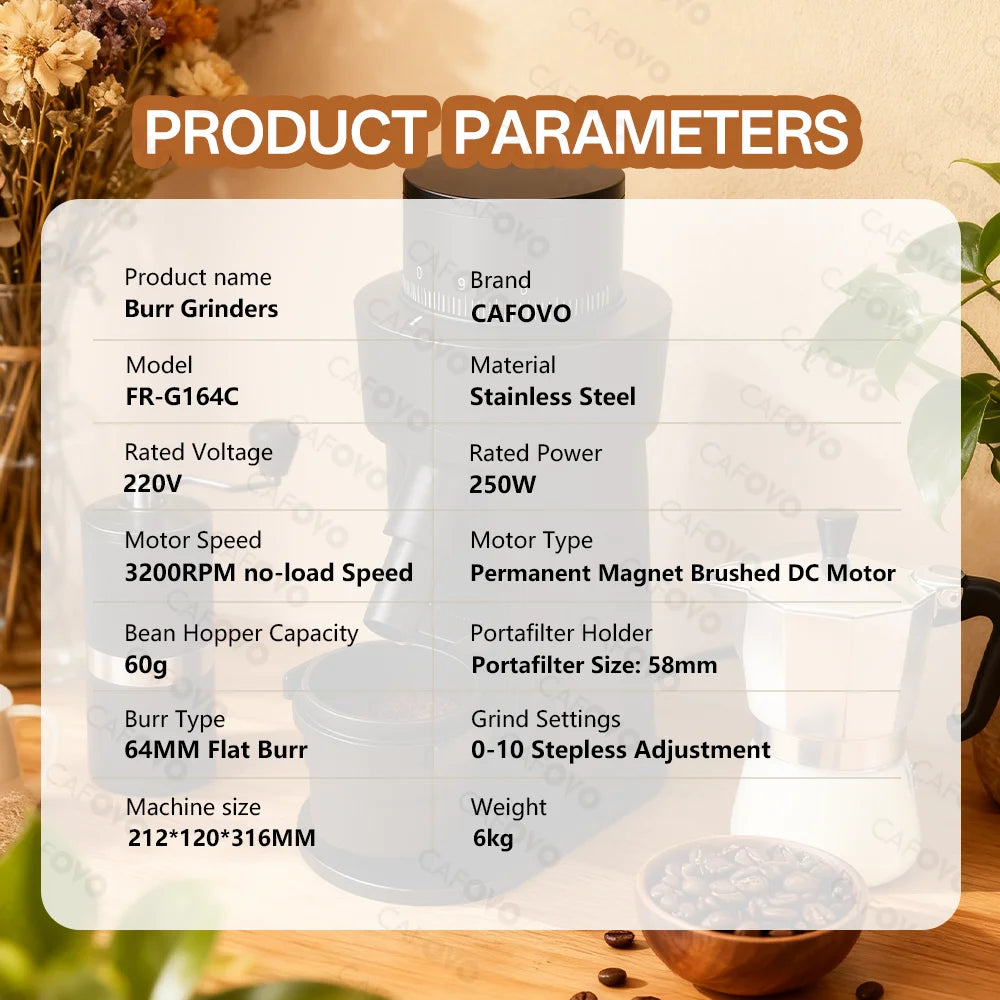 CAFOVO Q64 Electric Espresso Grinder Single Dose Coffee Grinder 3200RPM Stepless Adjustment 64mm Flat Burr Plasma Anti-Static