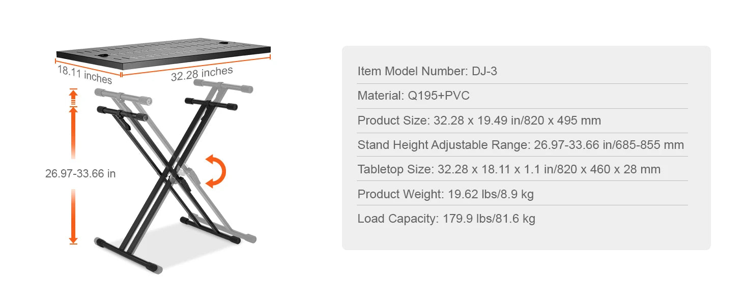 SucceBuy DJ Table Stand 32"x20" Portable DJ Laptop and Controller  Foldable Double-X Braced Keyboard Stand Tabletop Audio Mixer