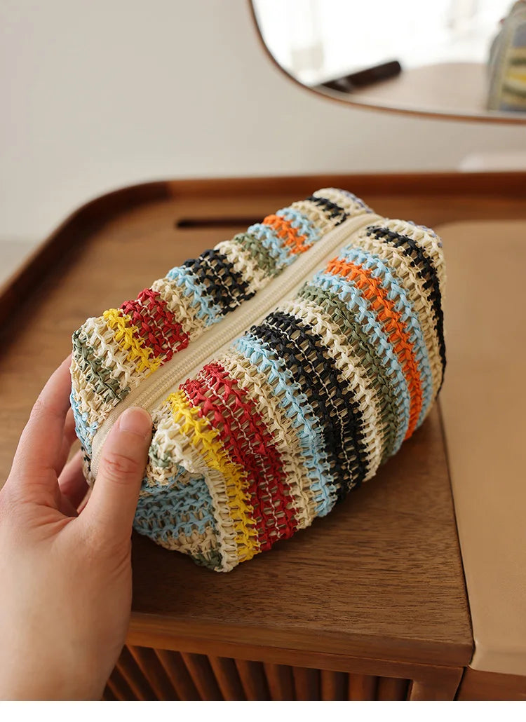 Colorful Knitted Cosmetic Bag Travel-Friendly Handbag Toiletry Pouch Women's Cosmetics & Skincare Organizer On-the-Go Bag-in-Bag