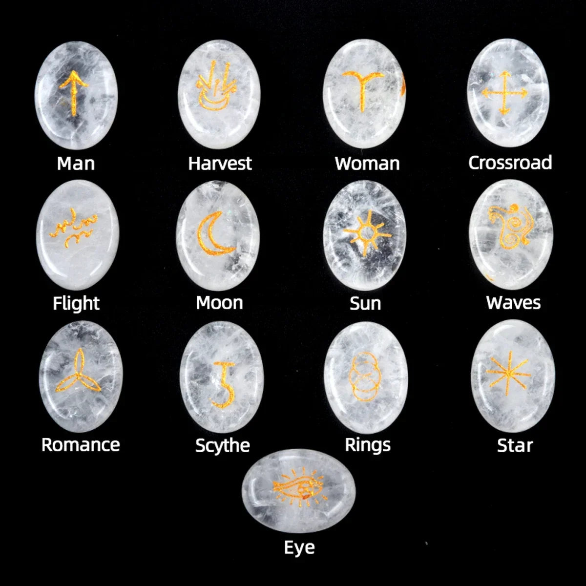 13pcs Witch Runes Natural Crystal Beads Onyx Semi-Precious Carved Ruini Lune Runes Set Decorative Reiki Jewelry Accessories Gift