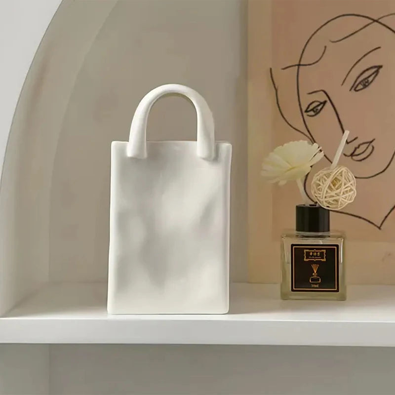 Handbag Shape Vase Modern Decorative White Vase Home Decoration Dried Flower Arrangement Table Decoration