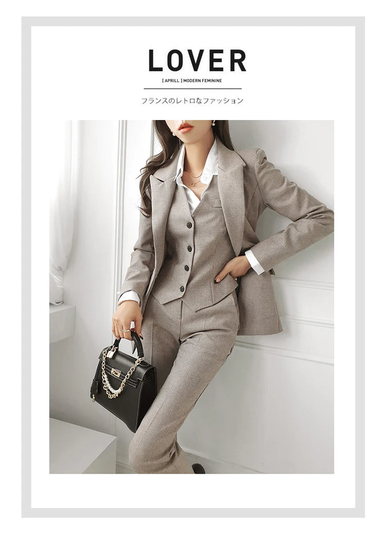 H Han Queen Korean Autumn Winter 3 Pieces Set Women Contrast Blazer + Vest And Simple Pants Casual Simple Office Lady Pants Suit