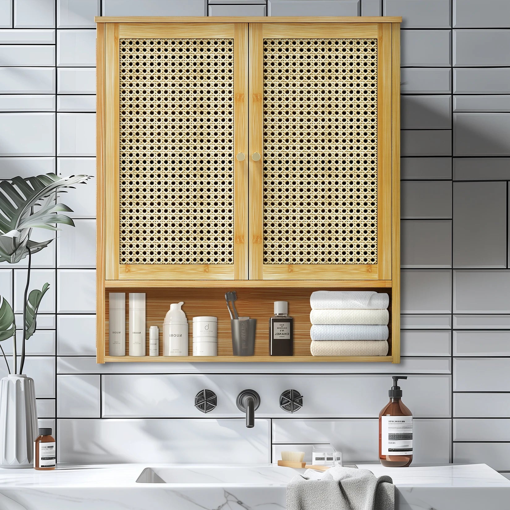 Solid Wood Bamboo Bathroom Wall Cabinet Over The Toilet Kitchen Living Room Storage Cabinet w/ 3 Shelves Medicine Cabinet 2-Door