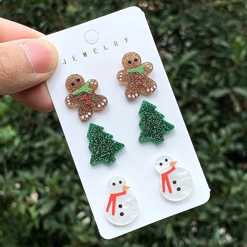 WELBACK 1 Set of 3 Pairs Women's Fashion Earrings Gingerbread Man Christmas Tree and Snowman Design Perfect Holiday Gift