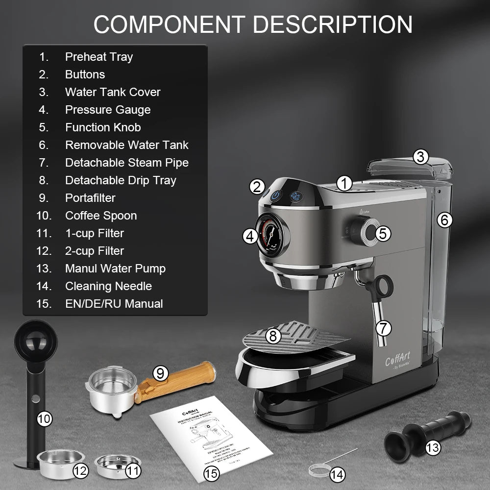 BioloMix 20 Bar Semi Automatic Powder Coffee Machine,with Milk Steam Frother Wand, for Espresso, Cappuccino, Latte and Mocha