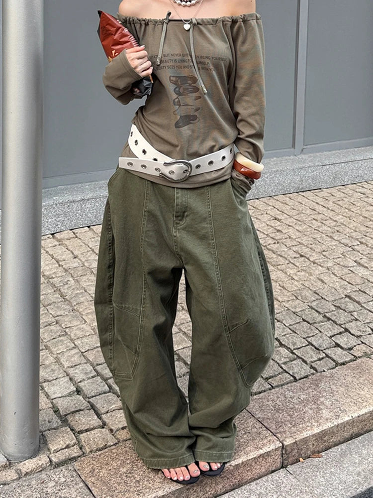 DEAT Fashion Splicing Silhouette Curved Jeans Women's High Waist Loose Wide Leg Denim Pants Autumn New 7A1005