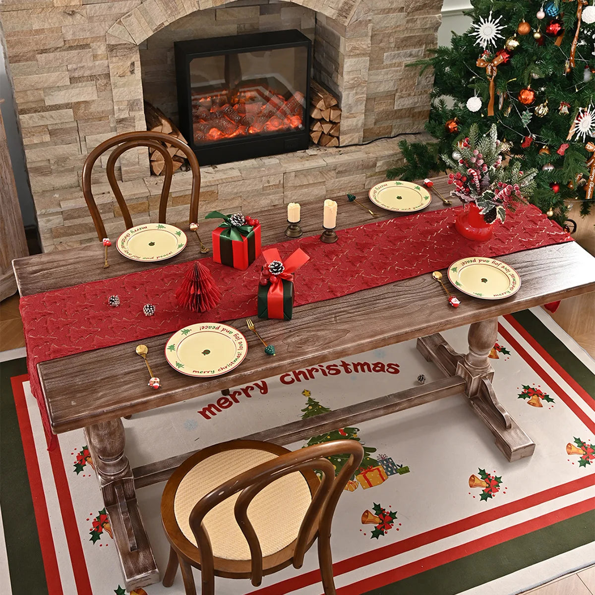 BUYNOW Plush Gold Sequined Embroidered Christmas Tree Pattern Tablecloth Christmas Living Room Sofa Tablecloth Home Bed Decor