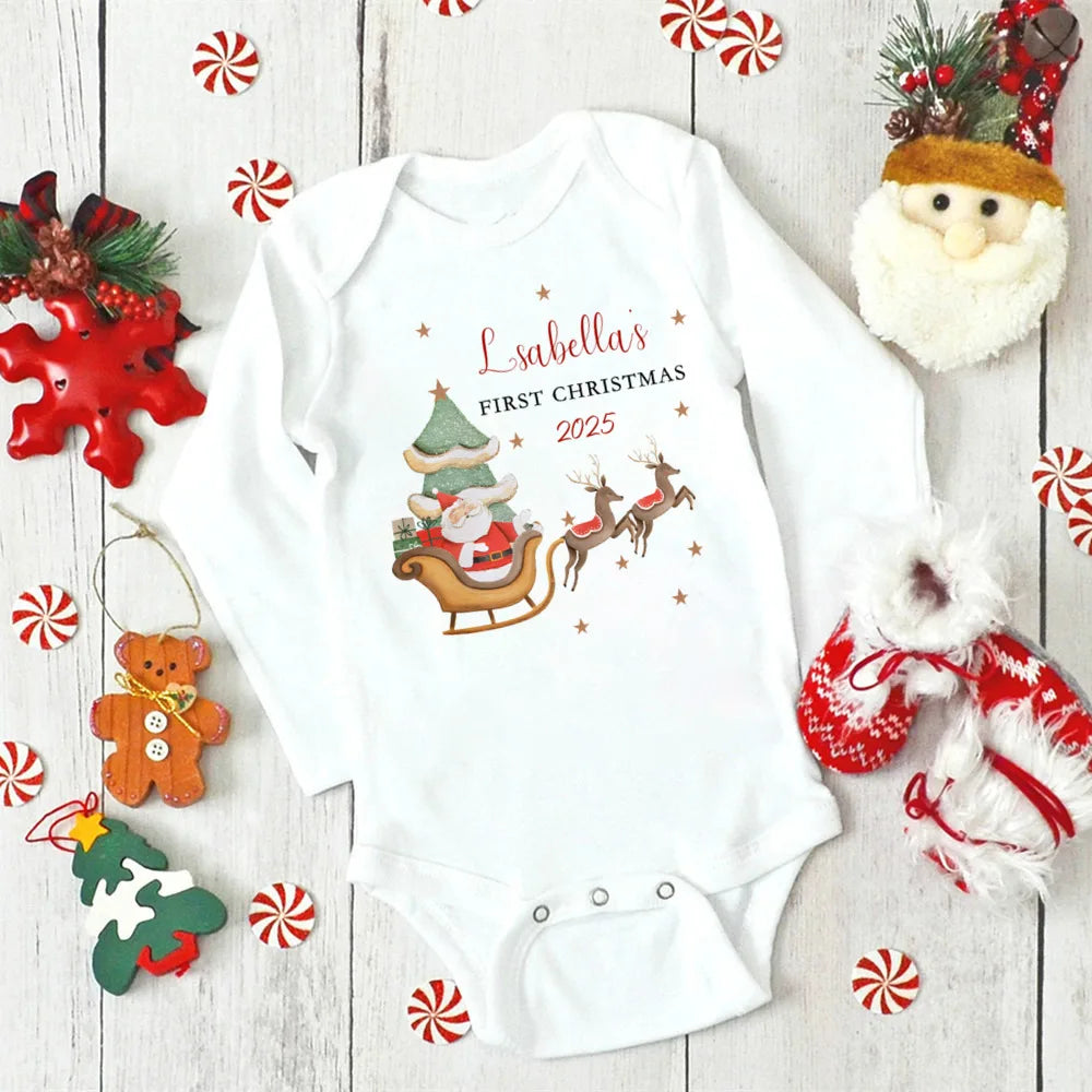 Personalised First Christmas Baby Outfit Newborn Baby Girls Boy Long Sleeve Cartoon Winter Romper My First Xmas Jumpsuit Outfit
