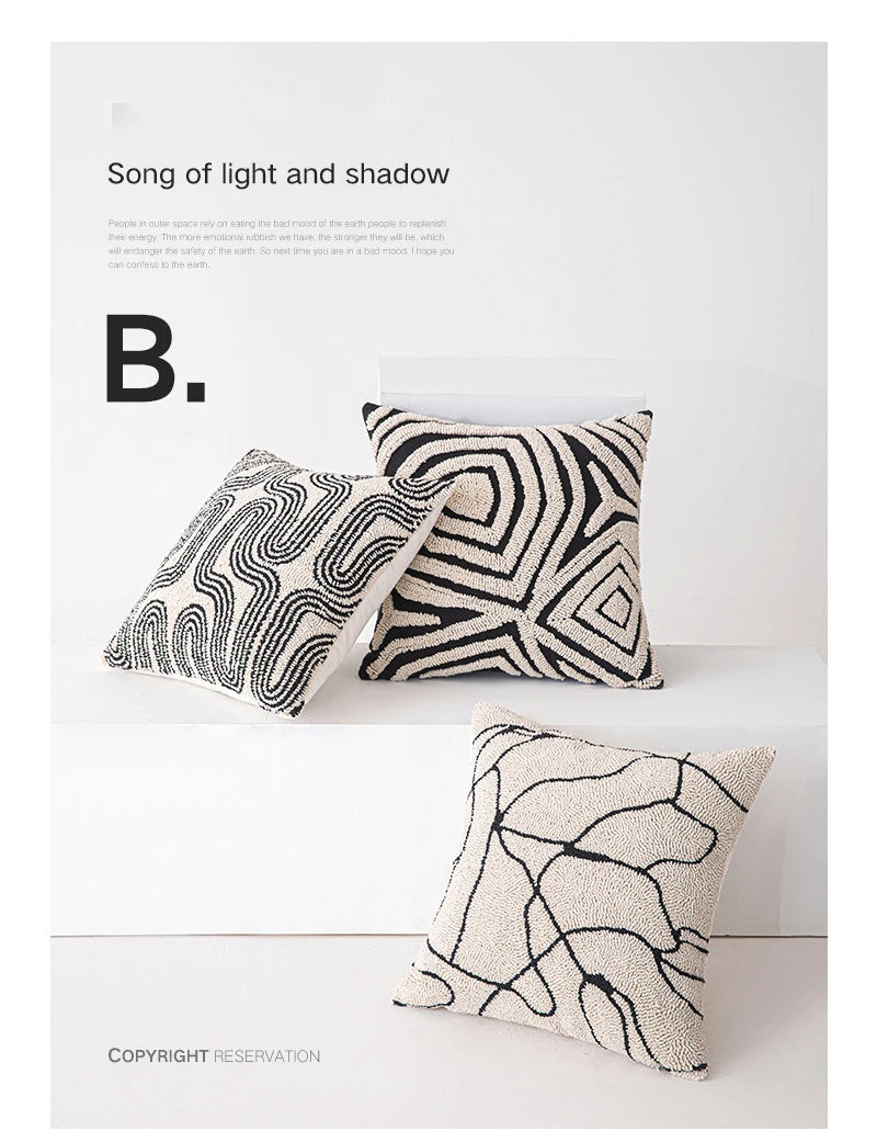 New Geometric Abstract Embroidered Cushion Cover Modern Beige Black Fully Tufted Pillowcase Home Decorative Pillows for Sofa