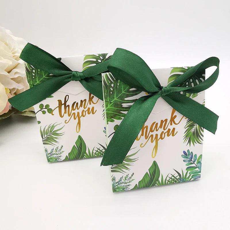 10/20pcs Thank You Candy Gift Box Green Leaf Cookie Chocolate Packaging Bag Wedding Favors for Guest Birthday Party Decor Supply