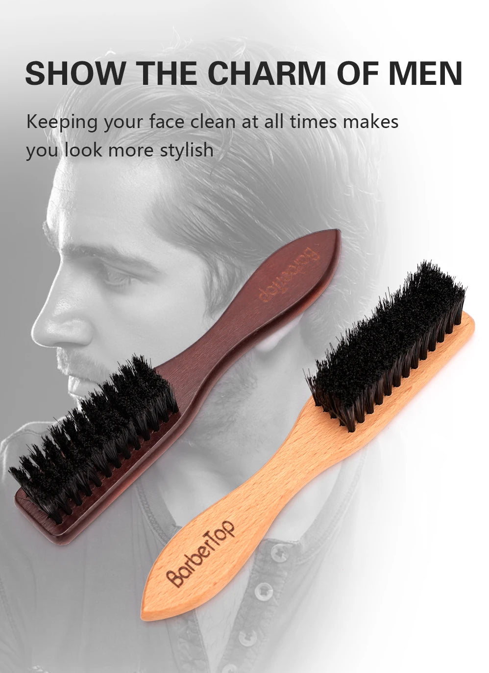 Barbertop Men Barbe Brosse Poignée boisée Brosse de nettoyage de cheveux doux Cheveux cassés