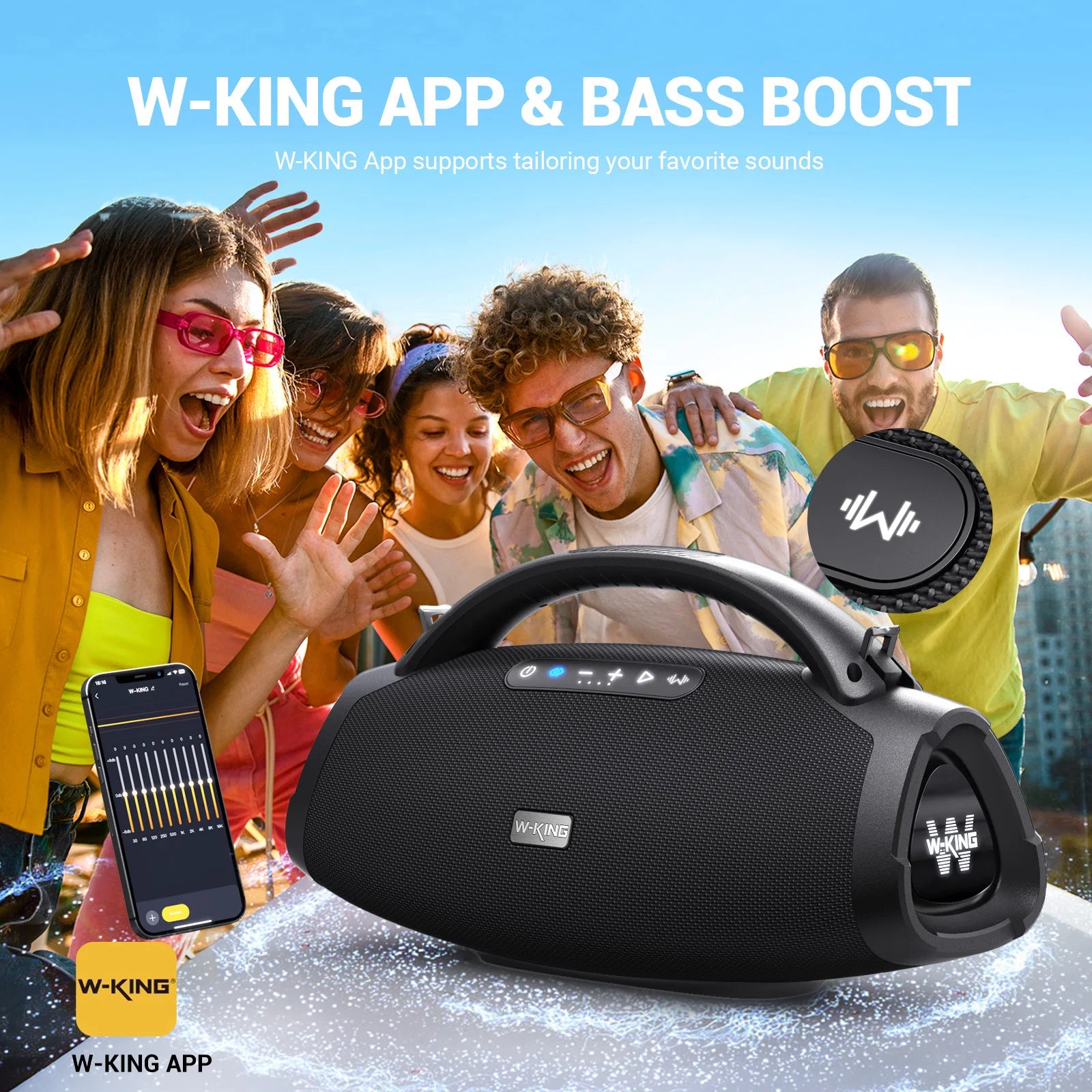 W-KING 200W RMS Portable Bluetooth Speakers, Massive Bass Party Boombox IPX7 Waterproof Speaker Large, Loud Outdoor Speaker