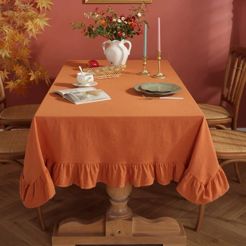 Solid Color Ruffled Tablecloth Cotton Rectangular Square Table Cover Decoration for Kitchen Dinning