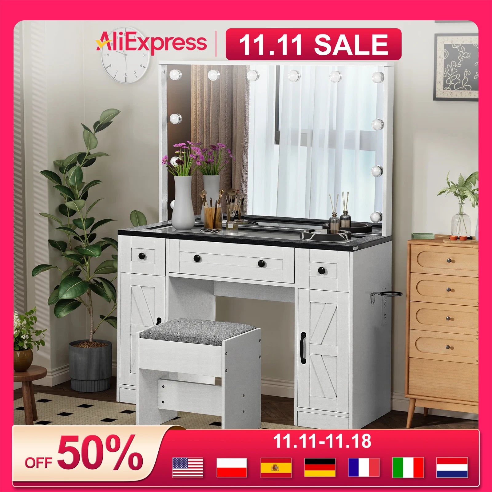 Bureau de maquillage de ferme avec miroir éclairé, bureau de maquillage Hollywood avec 3 tiroirs et 2 armoires, coiffeuse de 43 pouces, tabouret inclus