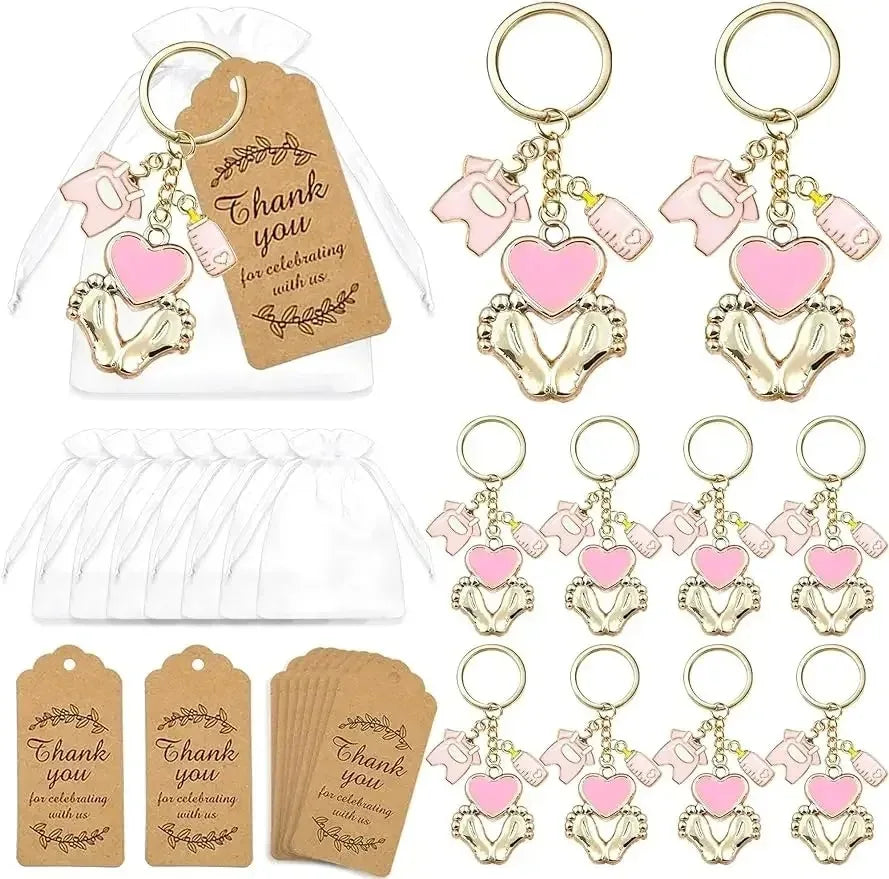 12 set Baby Shower Gifts Guests Footprint Keychains Christening Baptism Party Favors Girl Boy Thank You Decor Wedding Souvenirs