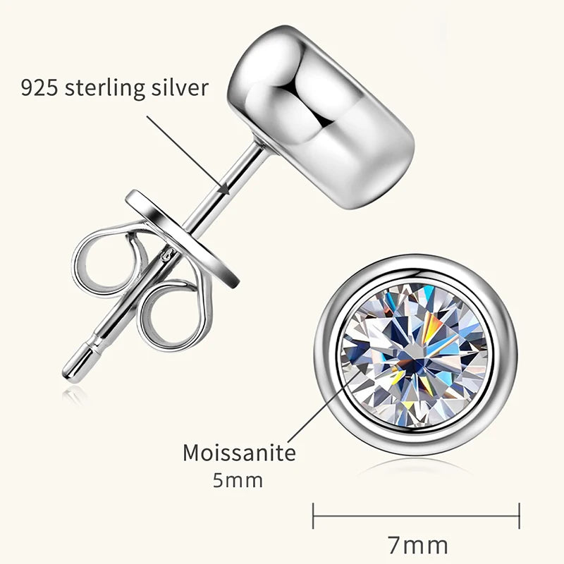 Lnngy 925 Sterling Silver Stud Earrings 5mm/6.5mm Round Moissanite Eearring With Certificate for Women Girl Daily Jewelry Gift