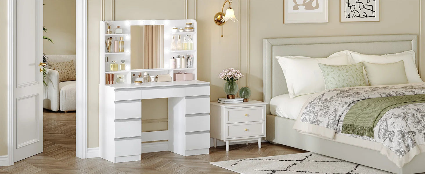 Hzuaneri Coiffeuse avec 10 boules lumineuses LED, luminosité réglable, grand miroir HD, 1 grand tiroir et 8 petits armoires à tiroirs