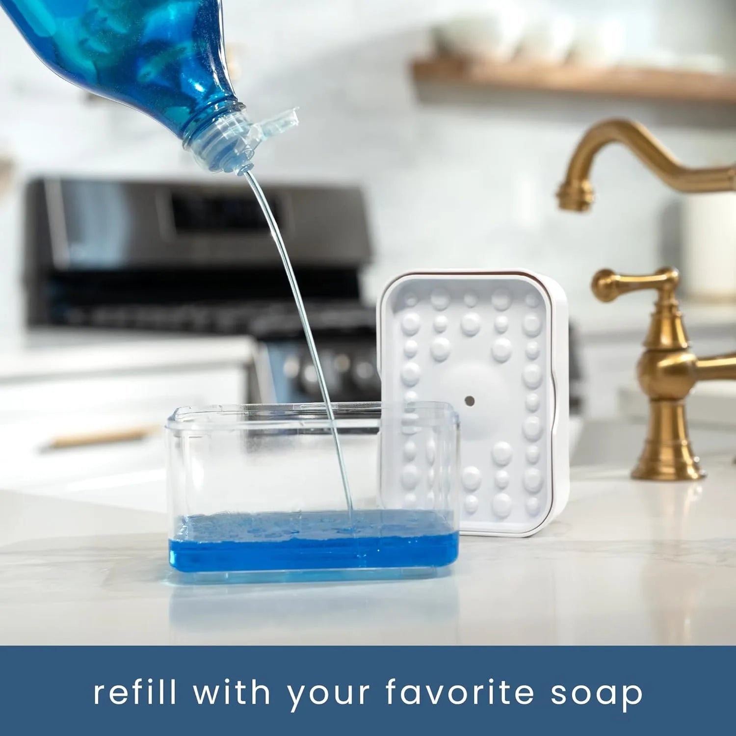 The home kitchen sink dishwashing soap dispenser with sponge holder is used for storing and dispensing liquid cleaning agents vi