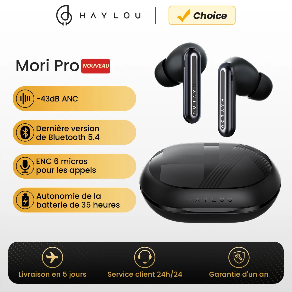 HAYLOU Mori Pro Bluetooth 5.4 Earphones -43dB ANC Active Noise Cancellation Earbuds 6 Mic Wireless Headphones 35H Battery Life