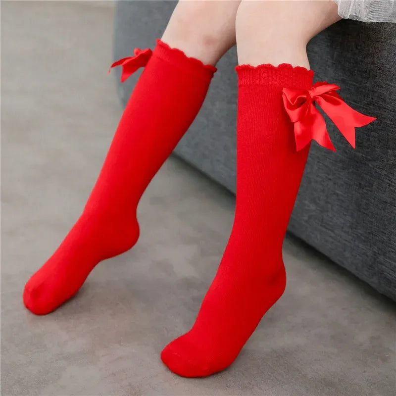 0-24months Infant Girl Below Knee Socks Solid Color Bow Decor Stockings For Girls Infant Breathable Socks