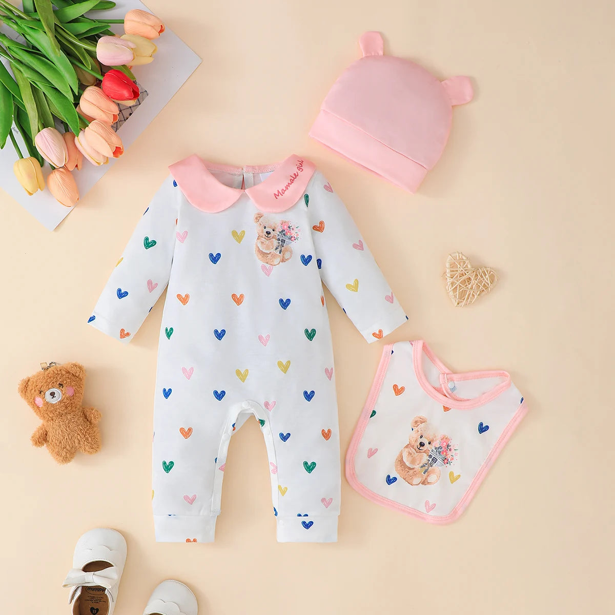 Newborn Baby Girl 3Pcs/Set Heart-shaped Printed Long sleeved Jumpsuit, Hat, and Drool towel Set for 0-18 Months cute baby girl