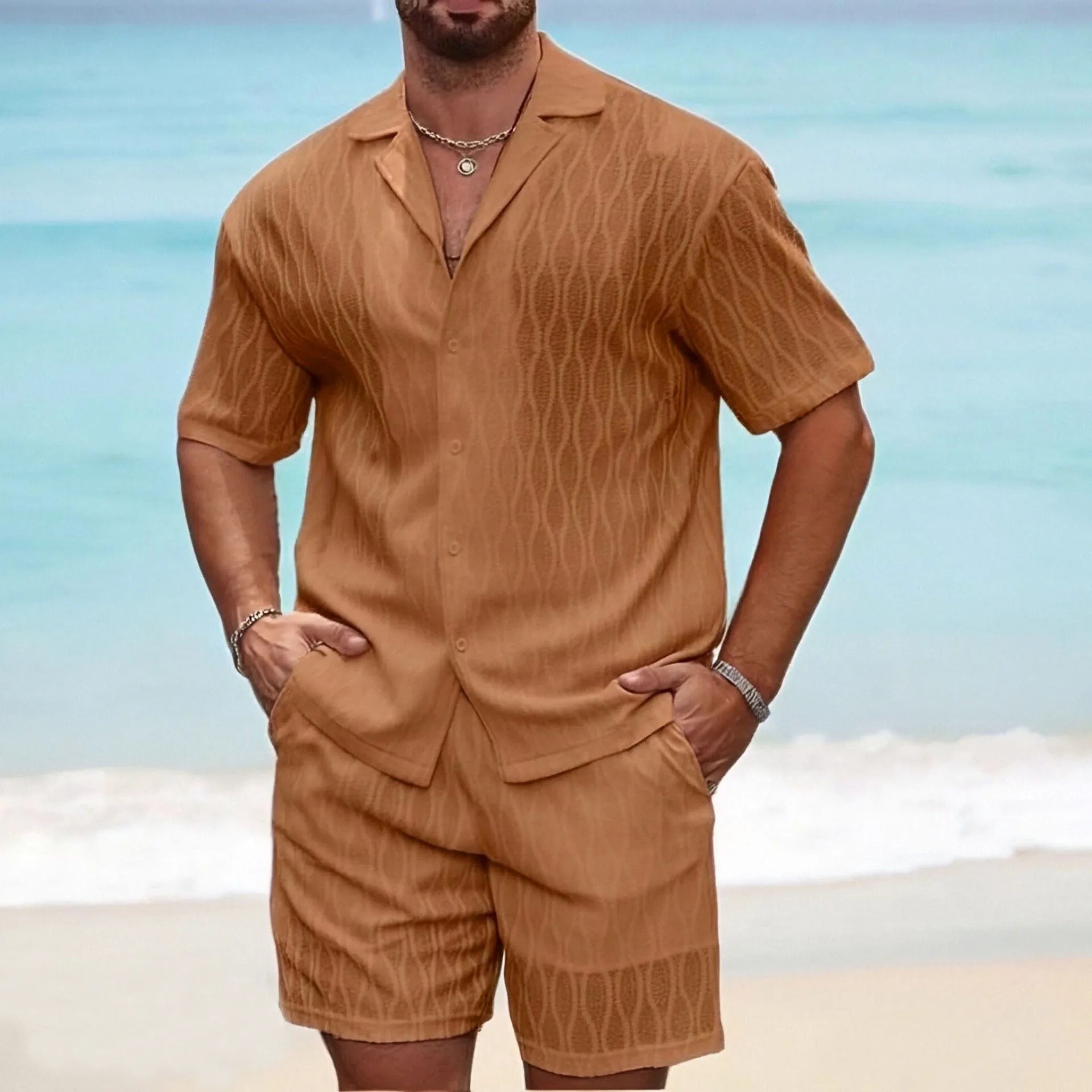 2025 New Summer Men's Casual Daily Outdoor Travel Solid Jacquard Lapel Short-sleeved Shirt Drawstring Shorts Two-piece Set