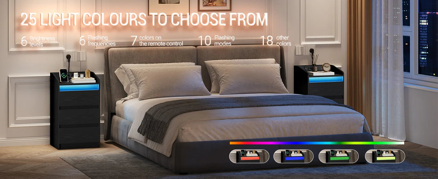 Hzuaneri Table de chevet avec 3 tiroirs, table d'appoint avec station de recharge et LED, 2 prises CA et 2 ports USB pour le salon