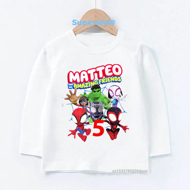 Spidey and His Amazing Friends Birthday Spring Bottoming Kids Shirts 2-9 Years Personalize Name Birthday Boy Long Sleeve T-shirt