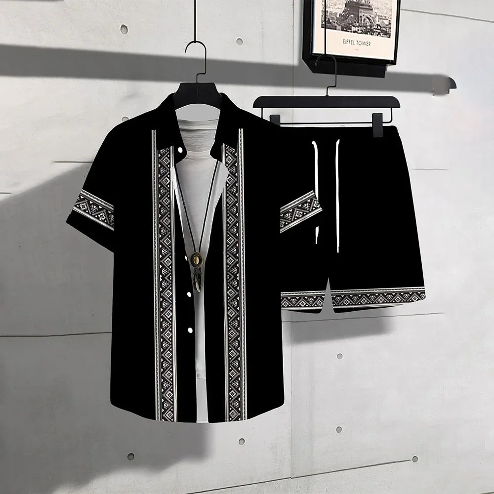 Vacation Men's 2-Piece Outfits Vintage Button Down Short Sleeve Shirt And Shorts Set Elastic Waist Shorts Short Sleeve Shirts