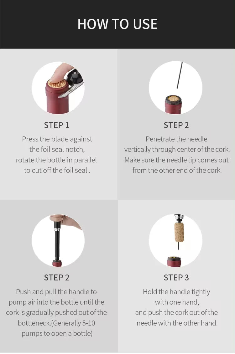 Portable Handheld 2-in-1 Air Pressure Wine Opener with Air Pump And Cork Remover Foil Cutter Compact Desktop Cicerone for Party