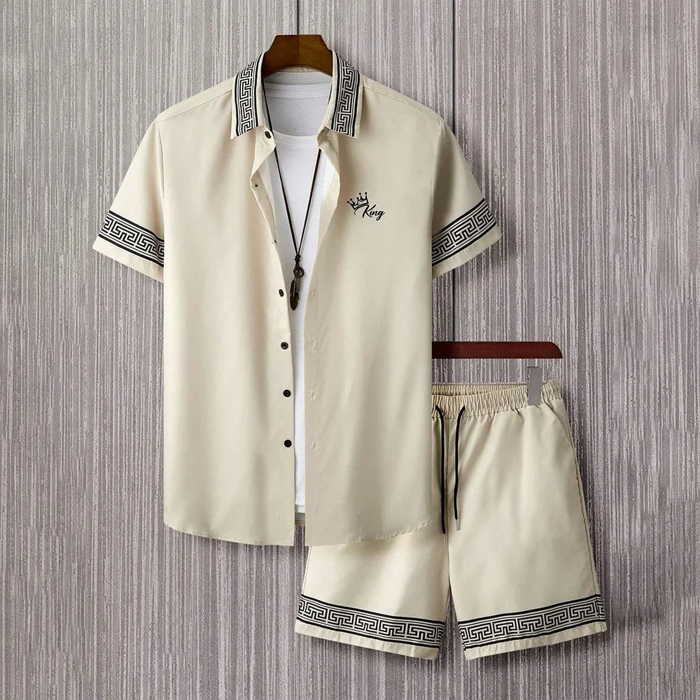 Vacation Men's 2-Piece Outfits Vintage Button Down Short Sleeve Shirt And Shorts Set Elastic Waist Shorts Short Sleeve Shirts
