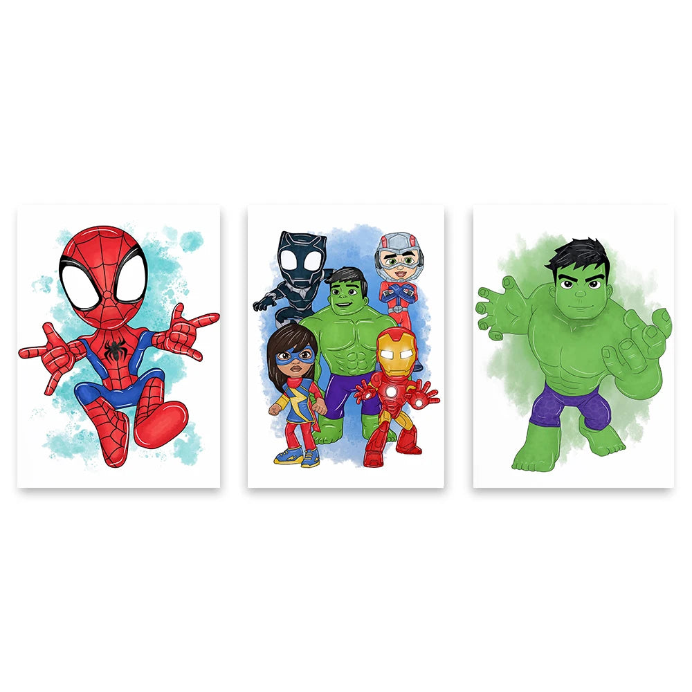3 PCS Colorful Spidey & Friends Wall Art Poster Watercolor Splatter Art Print Boys Playroom Decor Superhero Nursery Art Canvas